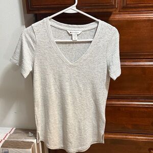 Athleta Light Gray Striped V-Neck Tee